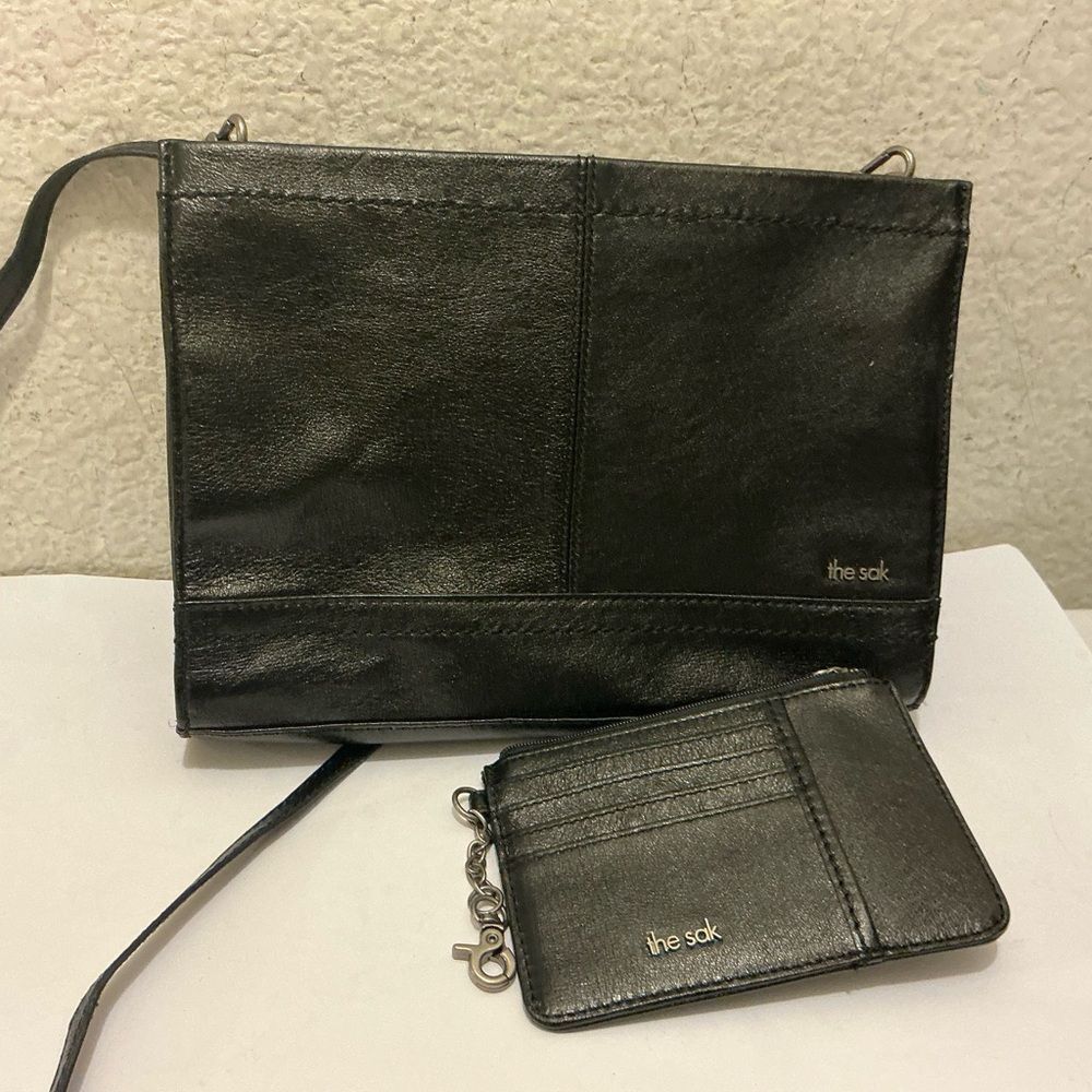 The Sak Black Leather Crossbody and Cardholder Set